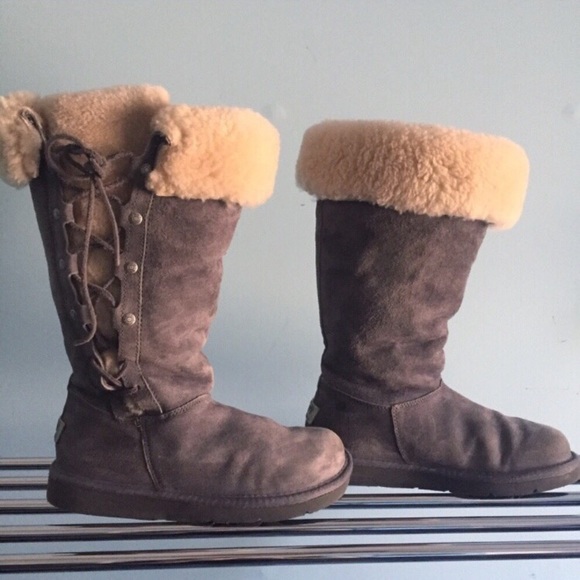 UGG Upside Boots Tall Gray Lace up Shearling Sherpa Fur Suede Winter Women EU 36 - Picture 3 of 10